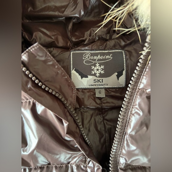 Bonpoint Chocolate Puffer Snow Suit with Faux Fur Trim and attached mittens - Picture 2 of 2